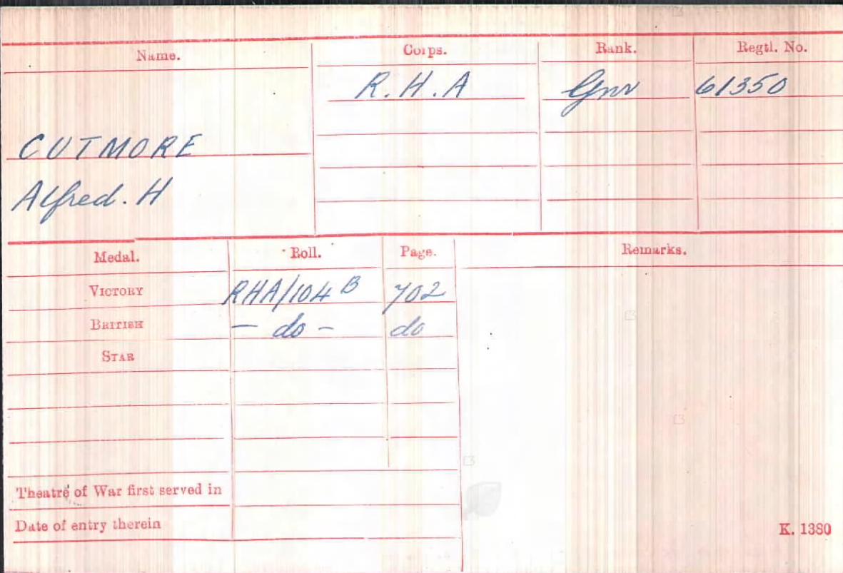 Alfred Henry Cutmore WW1 Medal Index Card